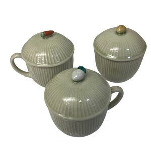 Set Of 3 Ceramic Ribbed Soup Mugs With Vegetable-Themed Lids Green Glaze 12 Oz C